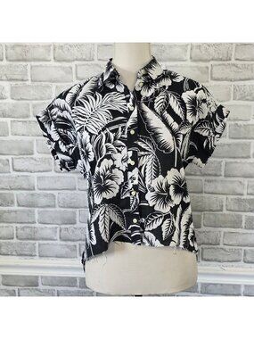 Ralph Lauren 100% Linen Tropical Hibiscus Coastal Grunge Cutoff Cropped Shirt XS